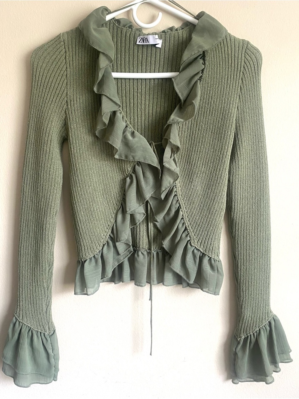 Zara Olive Green Ruffle Tie Front Cardigan Bell Sleeve Fairycore Top S